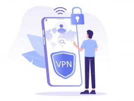 VPN Service Concept. Young man using VPN to protect his personal data in smartphone. Virtual Private Network. Secure network connection and privacy protection. Isolated modern vector illustration
