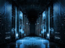 technological background on servers in data center, futuristic design. Server room represented by several server racks with strong dramatic light.