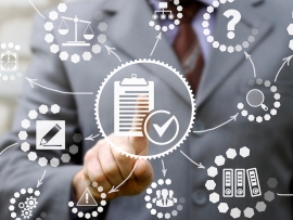 businessman presses compliance icon on virtual screen. Man touched a clipboard sign with check mark. Company, strategy, business, technology, finance, work concept. Compliance - chart with icons.