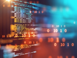 Programming codes and binary numbers in an abstract background.