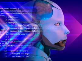 Program codes with an AI bot on background.