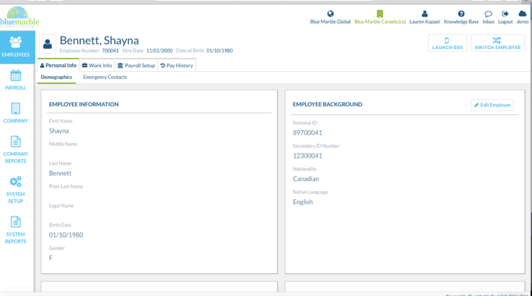 Blue Marble employee dashboard.