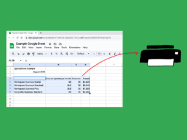 A Google Sheets document on the left and a drawn printer on the right.