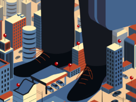 This colorful illustration depicts a very large man standing in the middle of the city, this is a monopolist who imposes his own interests on competitors and society.