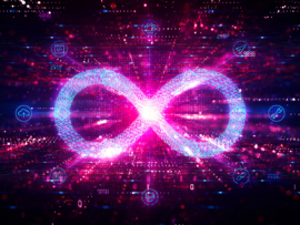 DevOps concept with infinite loop on abstract technology background.