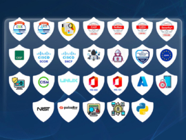 A line up of Cybersecurity certification badges from different organizations and institutions.