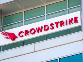 Close up of Crowdstrike logo at their headquarters in Silicon Valley.