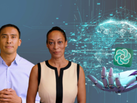 Man and woman on a background of a robot hand holding the OpenAI icon.