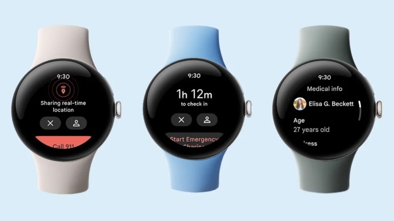 Series of Pixel Watch 2s with health and safety features on display.